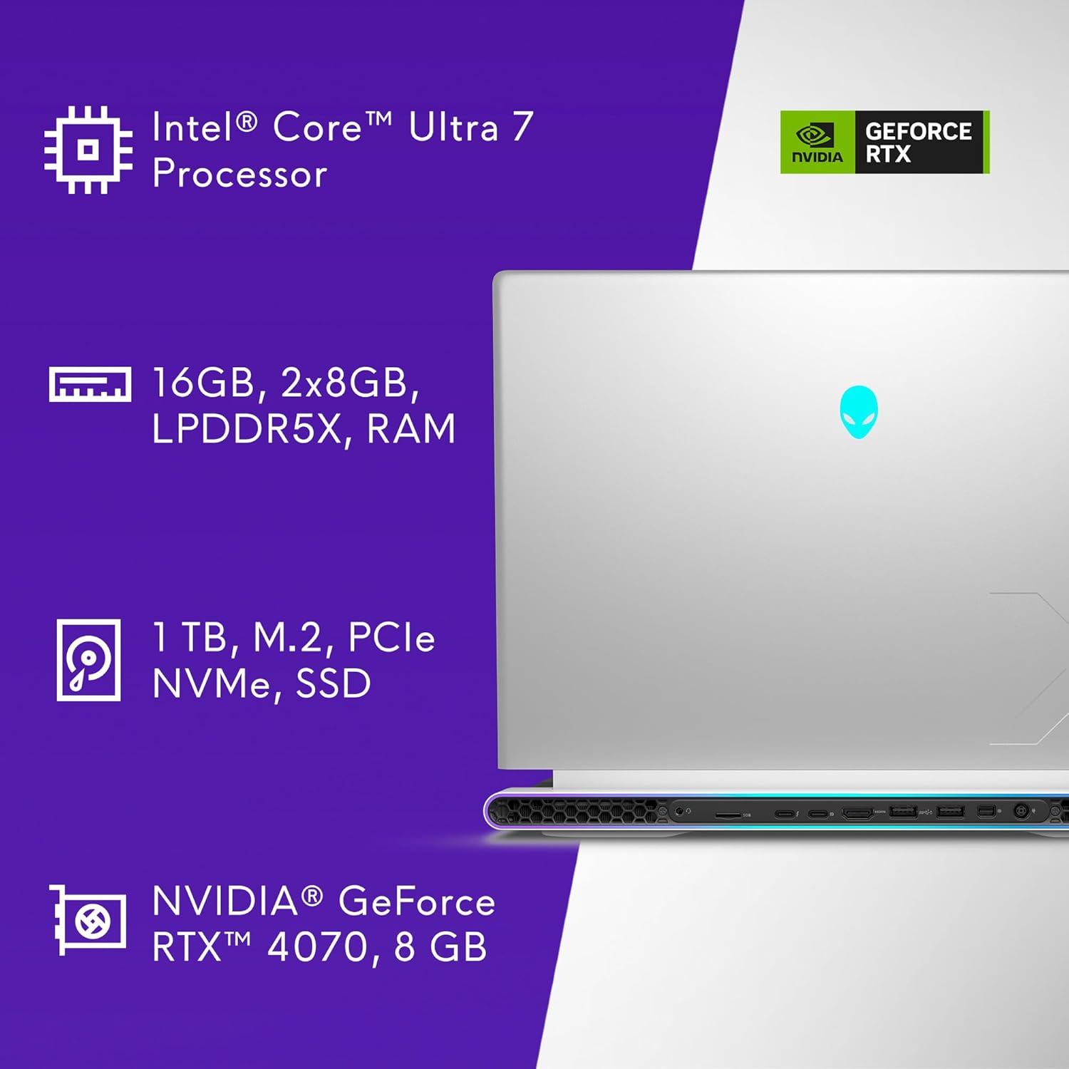 Alienware X16 R2 Gaming Laptop - 16-inch QHD+ 240Hz 3ms Display, Intel Core Ultra 7-155H, 16GB LPDDR5X RAM, 1TB SSD, NVIDIA GeForce RTX 4070 8GB GDDR6, Windows 11 Home, Onsite Service - Lunar Silver