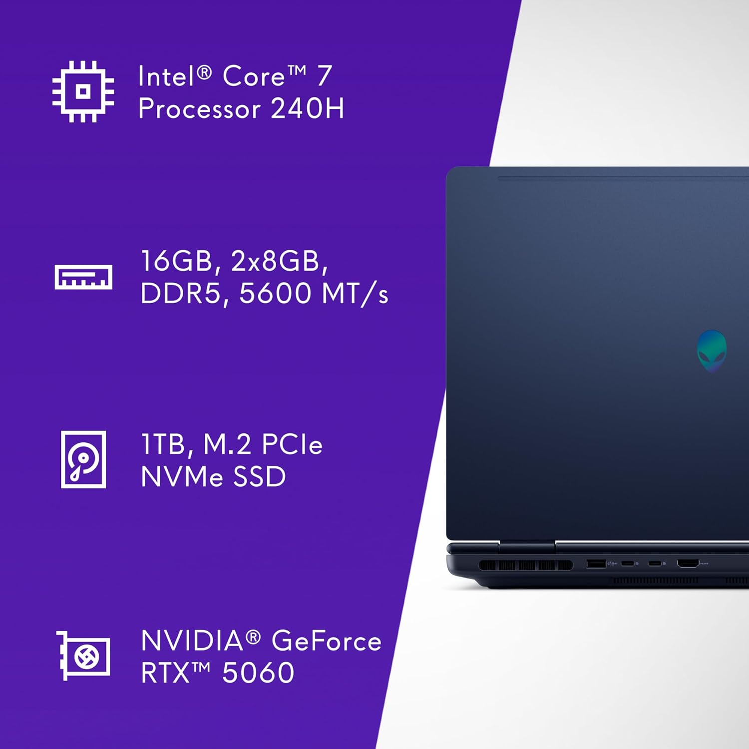 Alienware 18 Area-51 Gaming Laptop AA18250-18.0" WQXGA 300Hz 3ms Display, Intel Core Ultra 9 275HX, NVIDIA GeForce RTX 5080 Graphics, 32GB 2x16GB DDR5, 2TB NVMe M.2 PCIe Gen5 SSD, 2MP FHD IR Camera