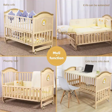 Wood Baby Crib/Cot cum Rocker, Extended bed (0-8 years), Playpen and Desk with Mattress & Net