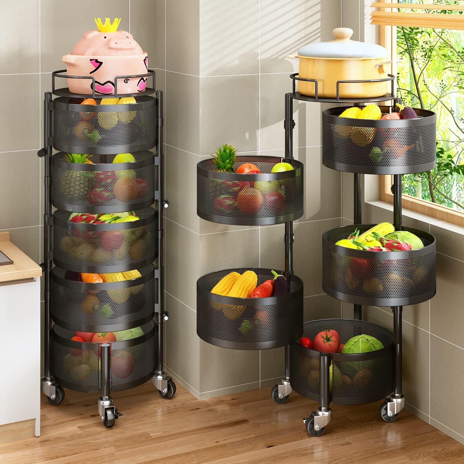 Fruit Basket for Kitchen, 5 Tier Circular Rotating Basket Large Storage Rack with Wheels, Fruit and Vegetable Metal Wire Shelf with Top Lid for Living Room, Office, Black