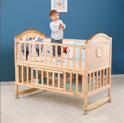 Wood Baby Crib/Cot cum Rocker, Extended bed (0-8 years), Playpen and Desk with Mattress & Net
