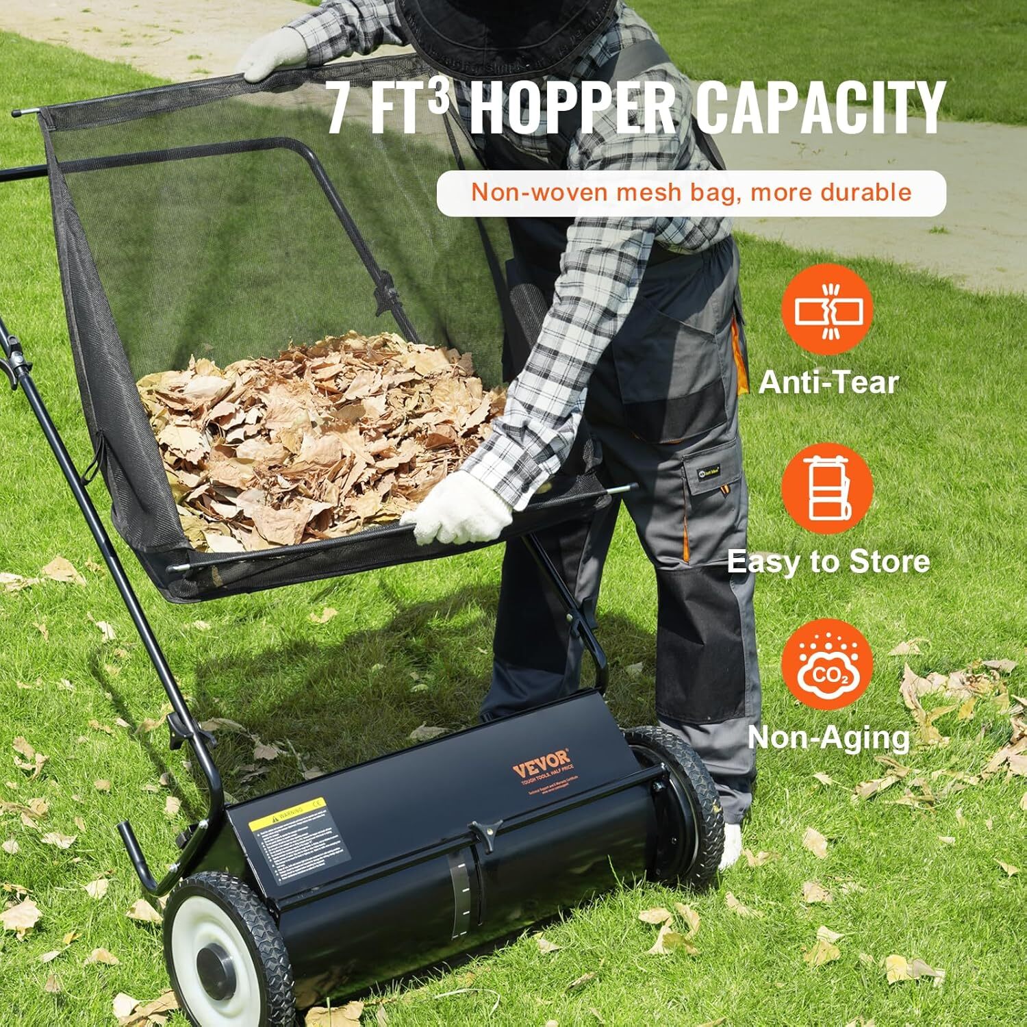 Push Lawn Sweeper, 26 Inch Leaf & Grass Collector, Strong Rubber Wheels & Heavy Duty Thickened Steel Durable to Use with Large Capacity 7 ft3 Mesh Collection Bag, 4 Spinning Brushes