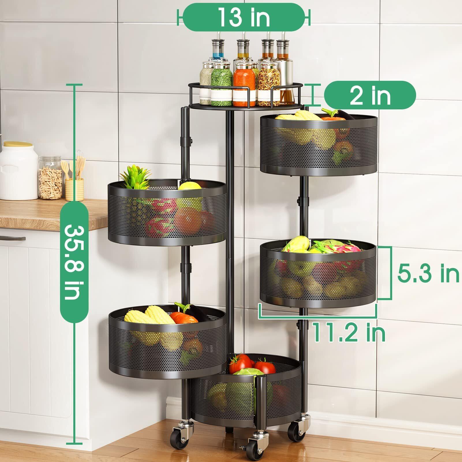 Fruit Basket for Kitchen, 5 Tier Circular Rotating Basket Large Storage Rack with Wheels, Fruit and Vegetable Metal Wire Shelf with Top Lid for Living Room, Office, Black