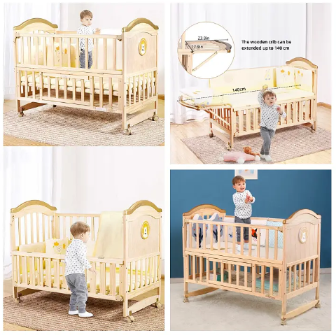 Wood Baby Crib/Cot cum Rocker, Extended bed (0-8 years), Playpen and Desk with Mattress & Net