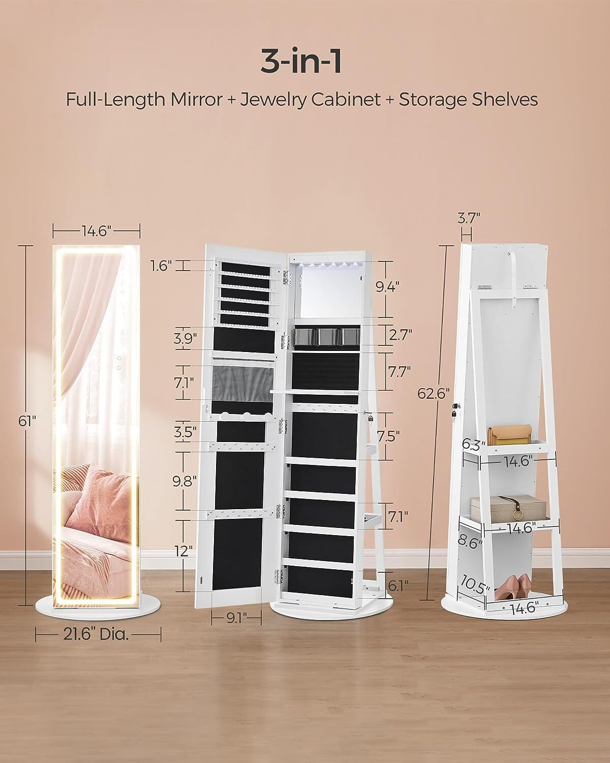 🎅Christmas Sale🎄360° rotating full-length mirrored cabinets with tri-color LED lights to illuminate every treasure💄💍💎