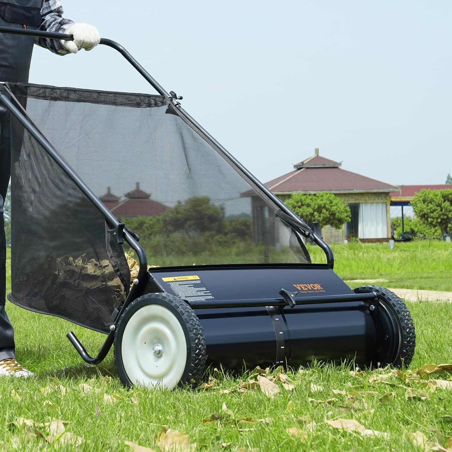 Push Lawn Sweeper, 26 Inch Leaf & Grass Collector, Strong Rubber Wheels & Heavy Duty Thickened Steel Durable to Use with Large Capacity 7 ft3 Mesh Collection Bag, 4 Spinning Brushes