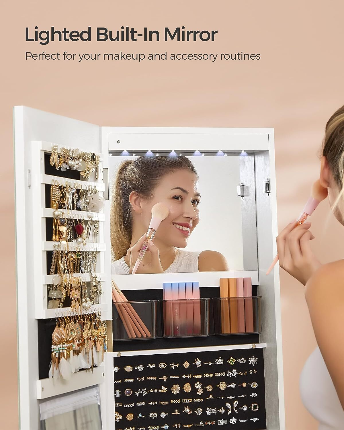 🎅Christmas Sale🎄360° rotating full-length mirrored cabinets with tri-color LED lights to illuminate every treasure💄💍💎