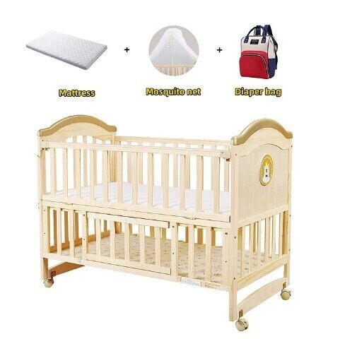 Wood Baby Crib/Cot cum Rocker, Extended bed (0-8 years), Playpen and Desk with Mattress & Net