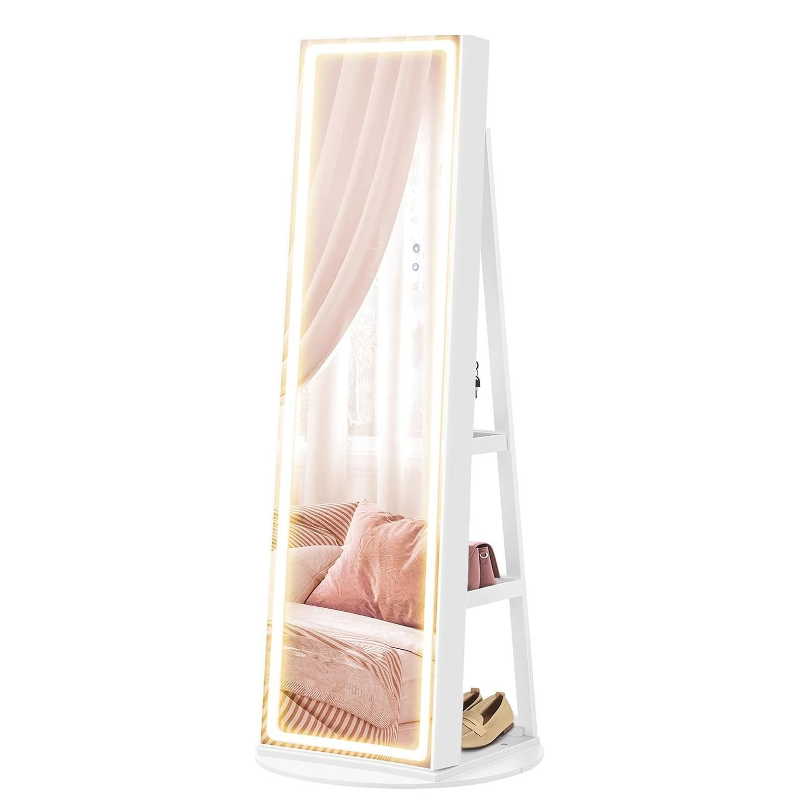 🎅Christmas Sale🎄360° rotating full-length mirrored cabinets with tri-color LED lights to illuminate every treasure💄💍💎