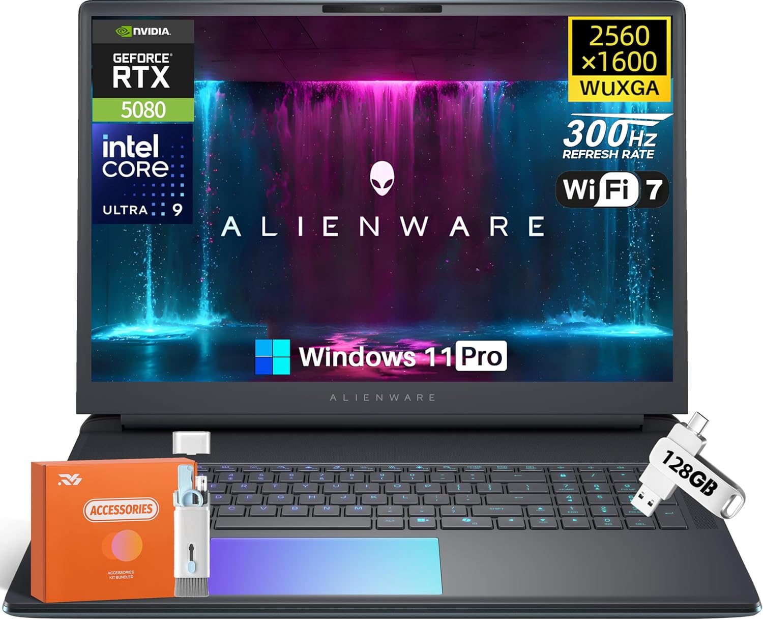 Alienware 18 Area-51 Gaming Laptop, 18" WQXGA 300Hz 2.5K Display, Intel Ultra 9 275HX (Up to 5.4GHz), NVIDIA RTX 5080, 64 GB DDR5, 2 TB SSD, Wi-Fi 7, 4K Camera, Backlit KB, Quad Fan Cooling, Win11 Pro