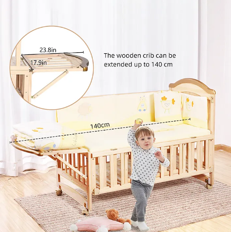 Wood Baby Crib/Cot cum Rocker, Extended bed (0-8 years), Playpen and Desk with Mattress & Net