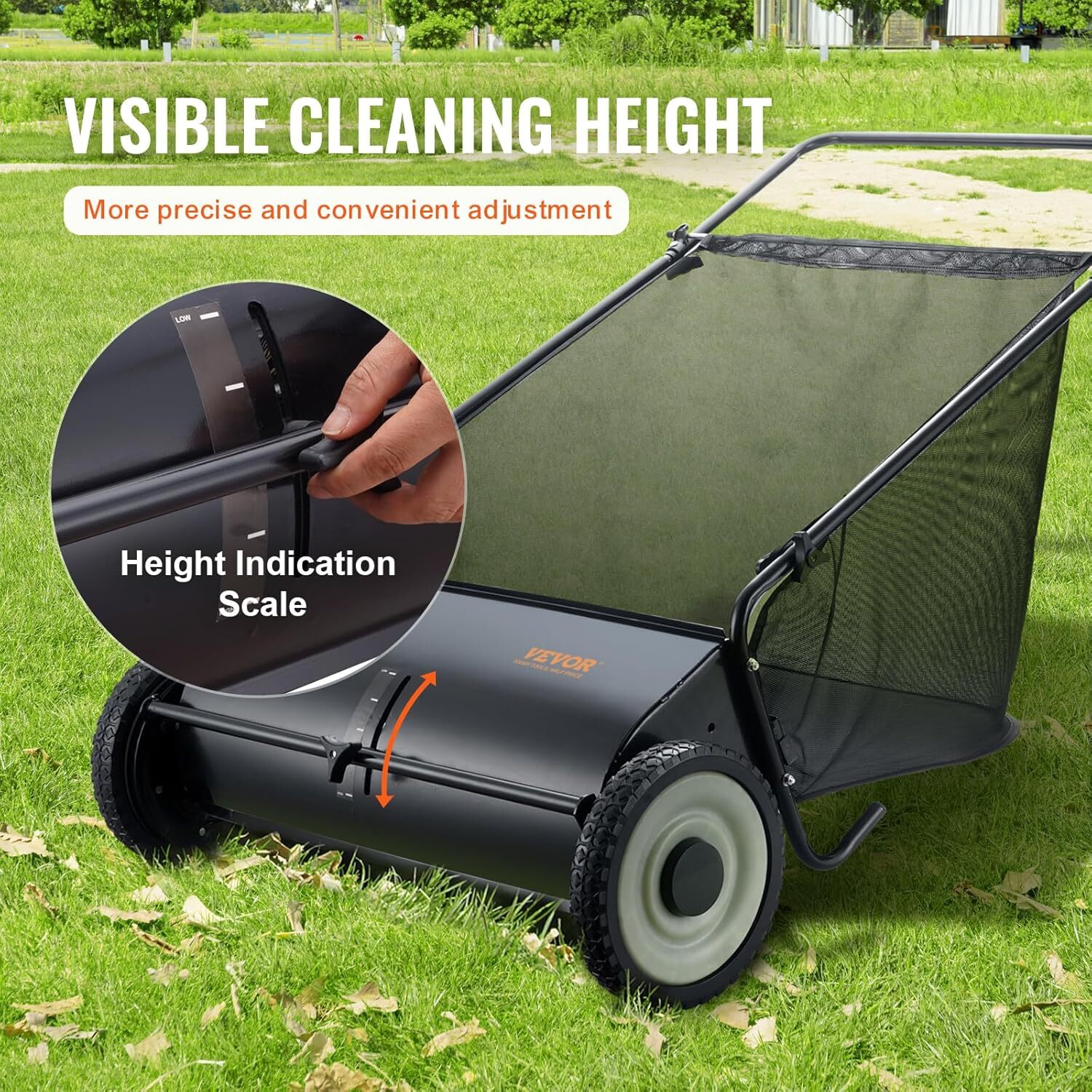 Push Lawn Sweeper, 26 Inch Leaf & Grass Collector, Strong Rubber Wheels & Heavy Duty Thickened Steel Durable to Use with Large Capacity 7 ft3 Mesh Collection Bag, 4 Spinning Brushes