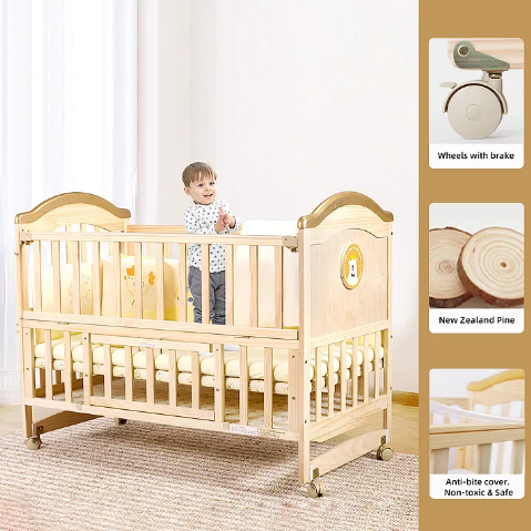 Wood Baby Crib/Cot cum Rocker, Extended bed (0-8 years), Playpen and Desk with Mattress & Net