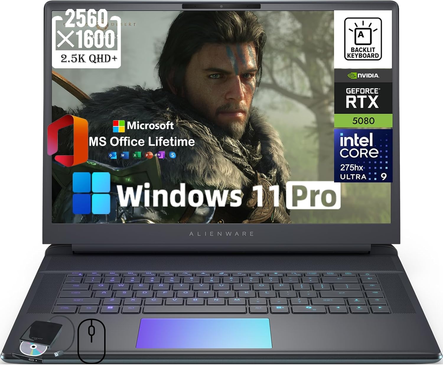 Alienware 16 Area-51 Gaming Laptop - Ultra 9 275HX (24-Core, Up to 5.4GHz), GeForce RTX 5080, 16" QHD+ 240Hz, Backlit KB, 16GB GDDR7, Wins 11 Pro, Office License, w/DVD Drive(64GB DDR5, 1TB SSD)