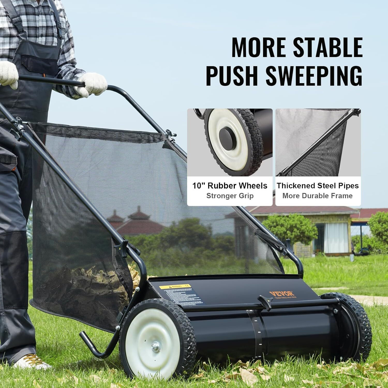 Push Lawn Sweeper, 26 Inch Leaf & Grass Collector, Strong Rubber Wheels & Heavy Duty Thickened Steel Durable to Use with Large Capacity 7 ft3 Mesh Collection Bag, 4 Spinning Brushes