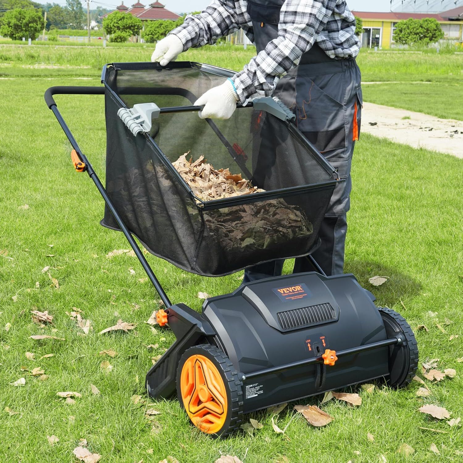 Push Lawn Sweeper, 26 Inch Leaf & Grass Collector, Strong Rubber Wheels & Heavy Duty Thickened Steel Durable to Use with Large Capacity 7 ft3 Mesh Collection Bag, 4 Spinning Brushes