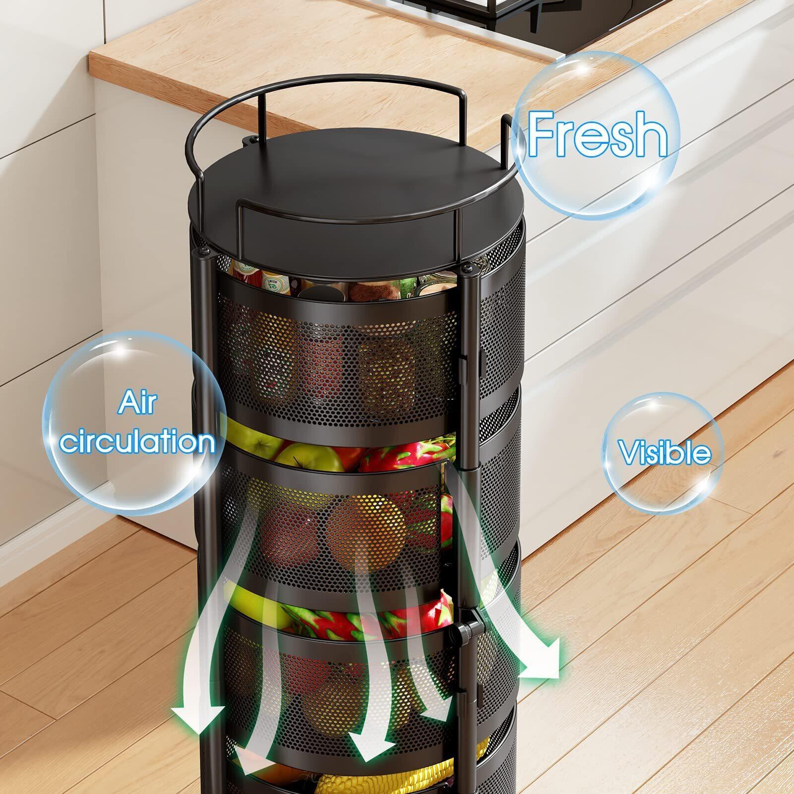 Fruit Basket for Kitchen, 5 Tier Circular Rotating Basket Large Storage Rack with Wheels, Fruit and Vegetable Metal Wire Shelf with Top Lid for Living Room, Office, Black