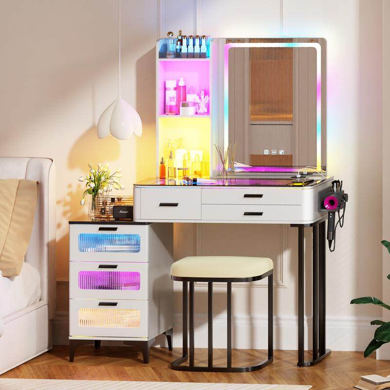 🎉Méga Vente du Nouvel An💥 Set Miuvanity avec lumières RGB 24 couleurs, charge sans fil, miroir HD, commode à 6 tiroirs et grand espace de rangement – Design moderne avec luminosité réglable