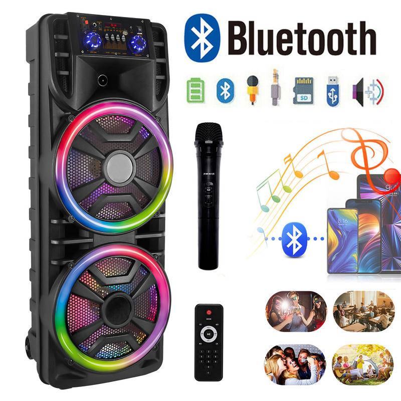 Enceinte de karaoké portable Party Box double 12 pouces - Système avec Bluetooth sans fil, microphone, éclairage LED, radio FM rechargeable, télécommande & connexion audio pour smartphone