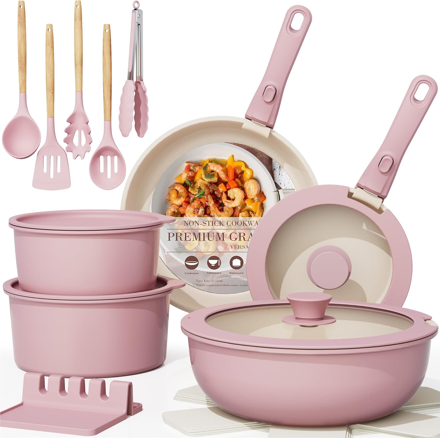 Astercook Set de 21 ustensiles de cuisson antiadhésifs en céramique - Poignées détachables, Adapté à l'induction, Sûr au four, Empilable, Rose