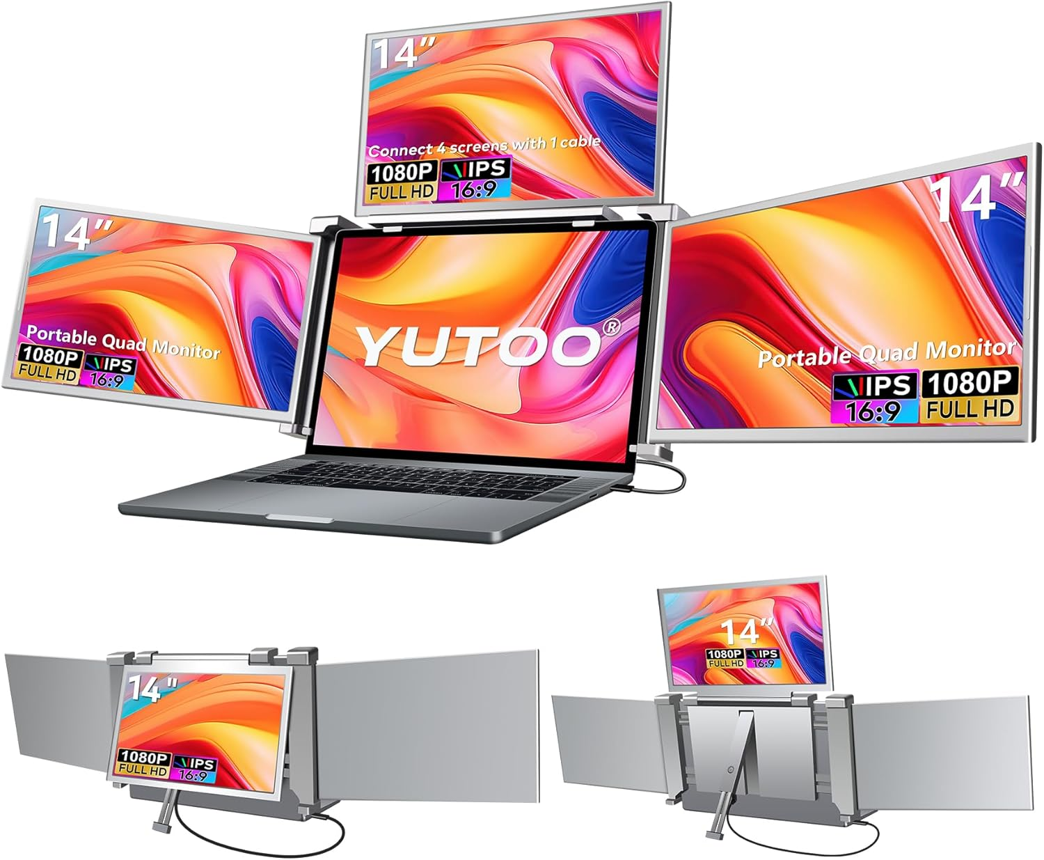 YUTOO Extension d'écran portable pour ordinateur portable 14'', Moniteur quadruple - 1 seul câble pour 3 écrans, Extenseur d'écran IPS FHD 1080P compatible avec Windows/Mac (M1 M2 M3) pour ordinateurs portables 13,6 -17,3'' - S680