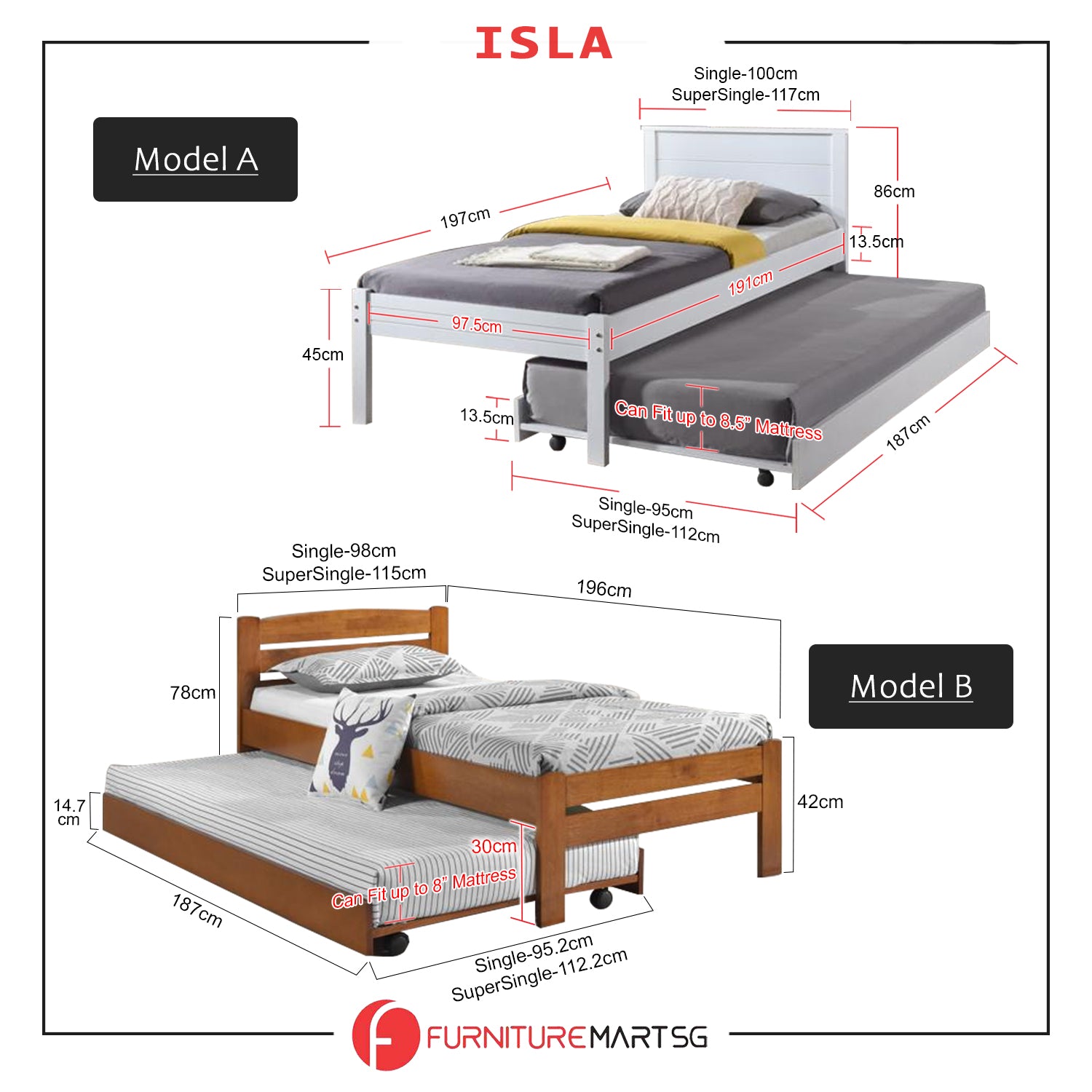 Isla Solid Rubberwood Bed Frame Flat Plywood Base with Pull-out Bed in Single White Color w/ Mattress Option
