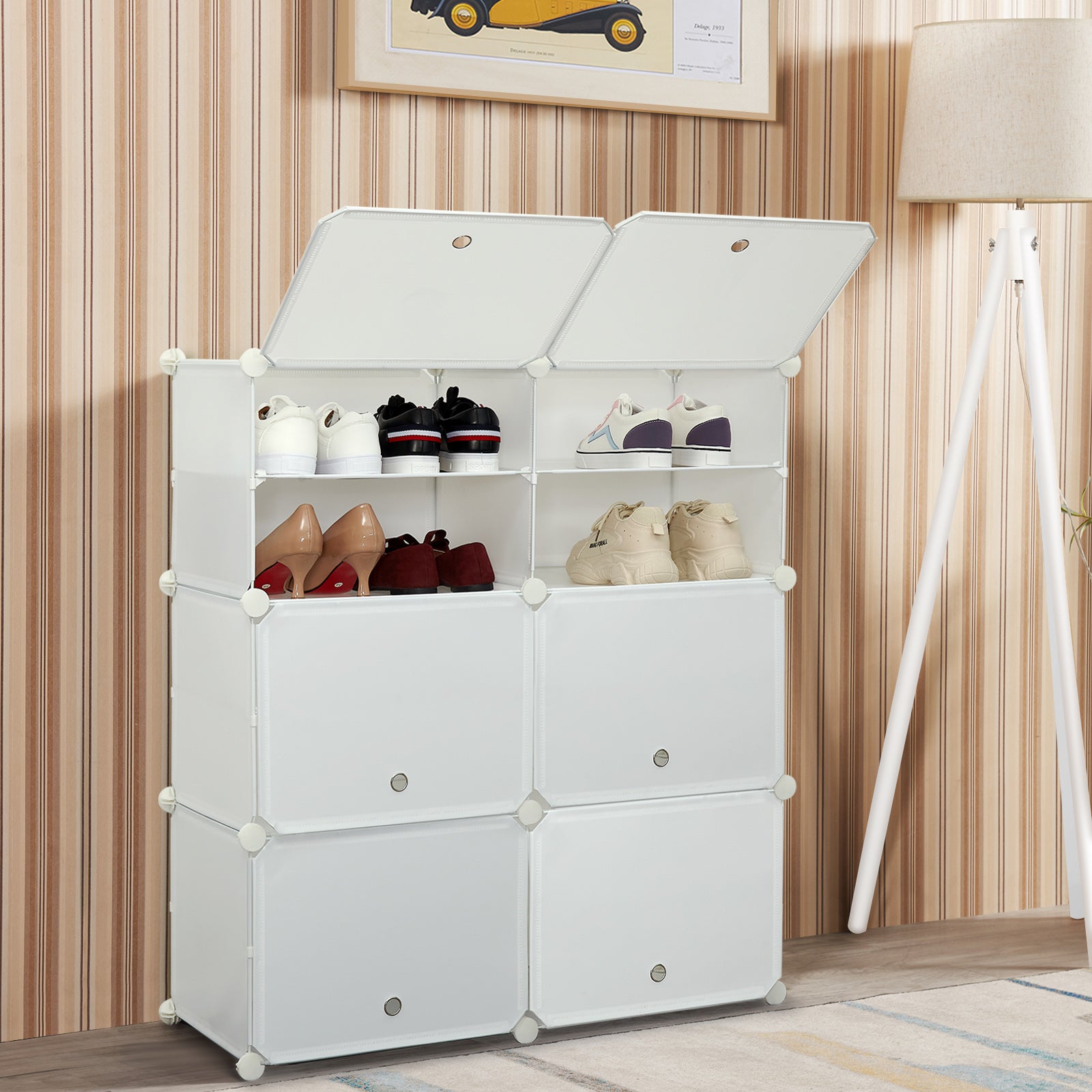 DIY Multi-functional PP Shoe Rack, 12 Cubes, Black / Milky Color