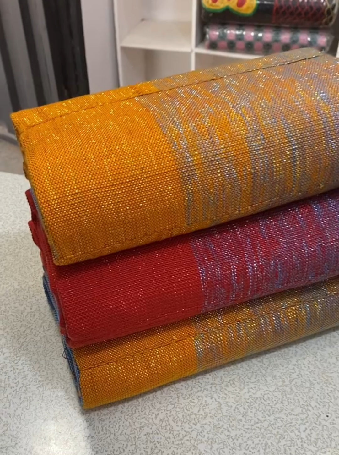 Ombre Orange, Red Blue Plain Authentic Hand Weaved Kente Cloth A010
