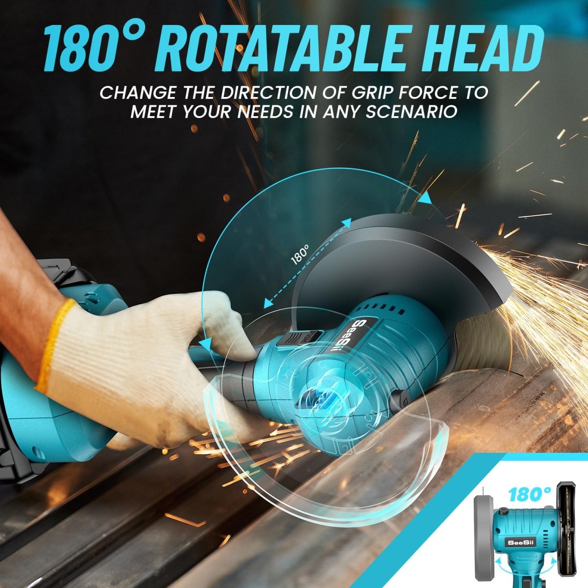 SeeSii AG100 Compact 4" Cordless Angle Grinder,19500RPM 180° Rotatable