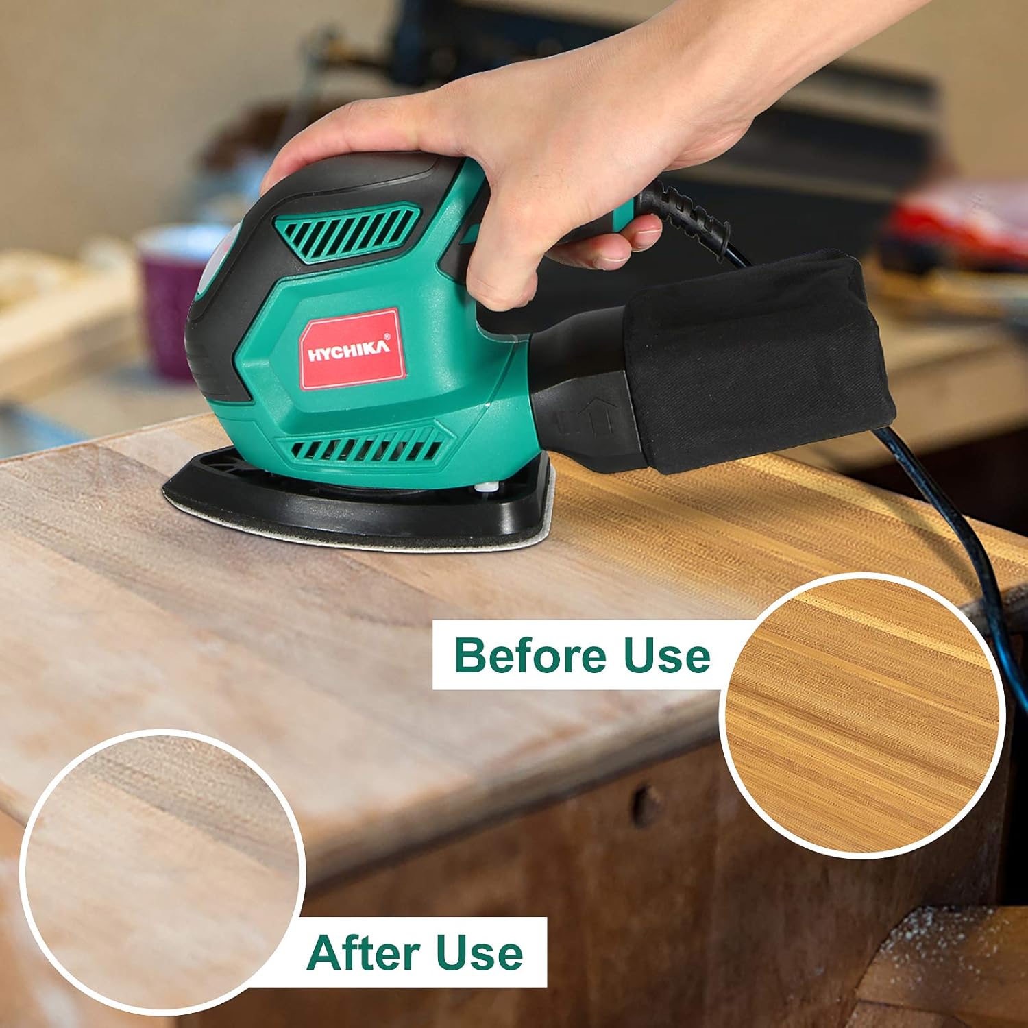 HYCHIKA 200W Electric Sander with Dust Collector, 12PCS Sandpapers, 14000RPM