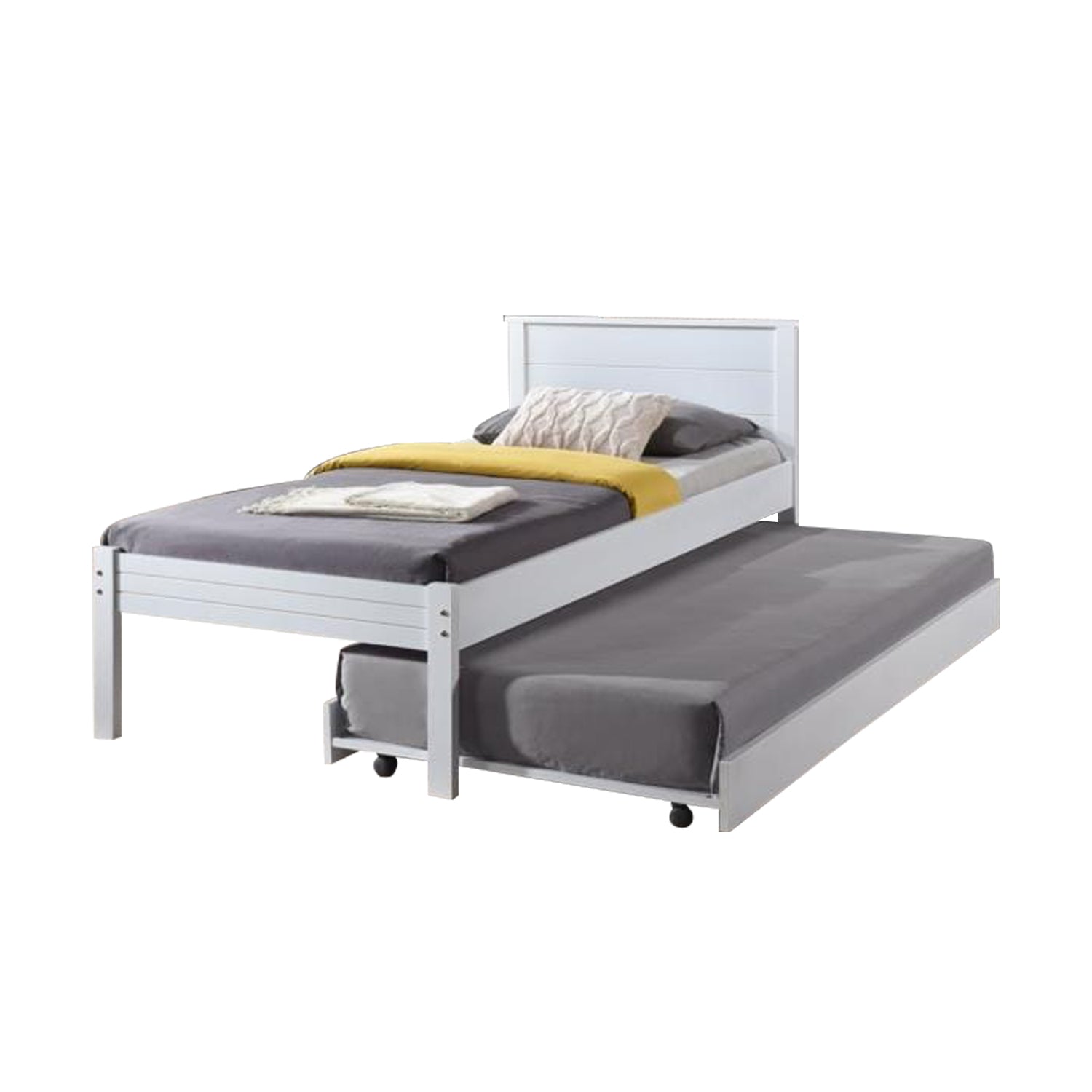 Isla Solid Rubberwood Bed Frame Flat Plywood Base with Pull-out Bed in Single White Color w/ Mattress Option