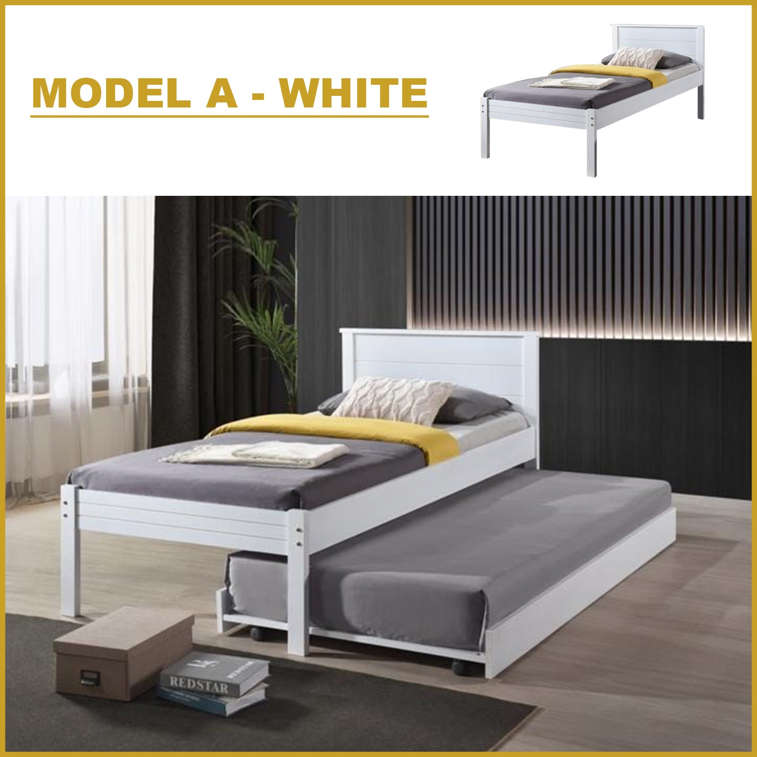 Isla Solid Rubberwood Bed Frame Flat Plywood Base with Pull-out Bed in Single White Color w/ Mattress Option