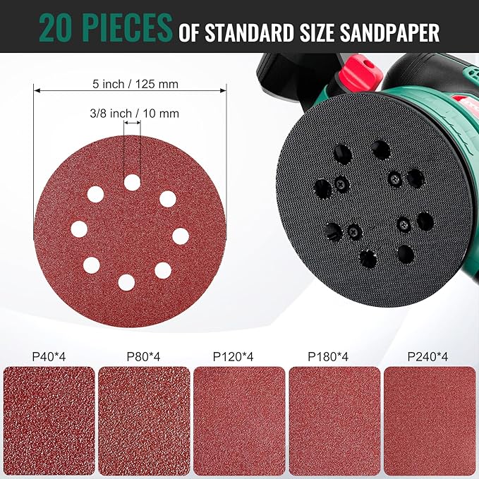 5-Inch Orbital Sander 450W with 20pcs Sandpapers, 6 Variable Speeds 6000-12000OPM