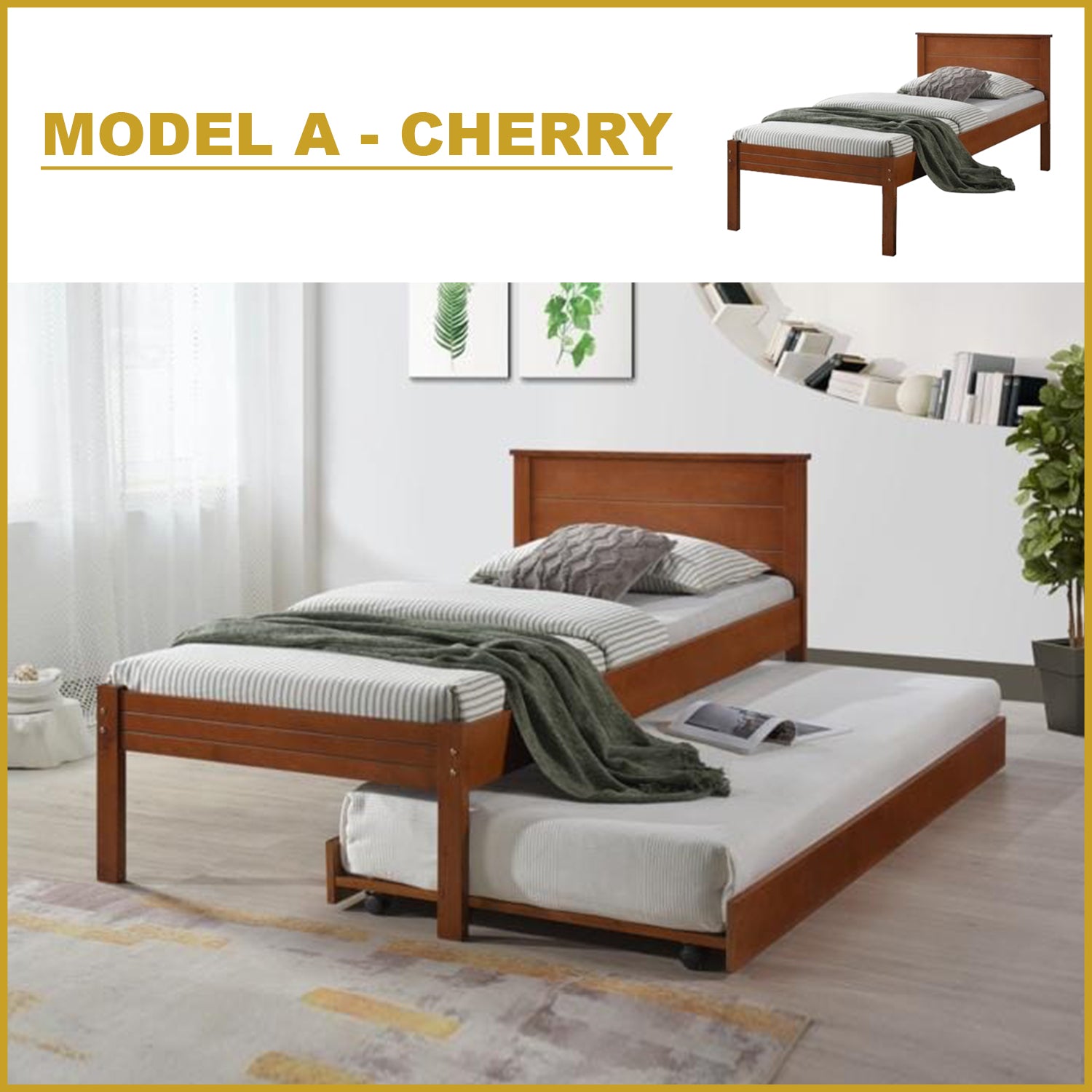Isla Solid Rubberwood Bed Frame Flat Plywood Base with Pull-out Bed in Single White Color w/ Mattress Option