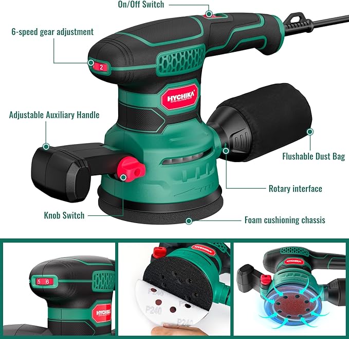 5-Inch Orbital Sander 450W with 20pcs Sandpapers, 6 Variable Speeds 6000-12000OPM