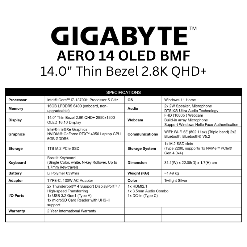 AERO 14 OLED BMF 14.0" 2.8K 2880√ó1800 OLED/RPL i7-13700H/RTX4050/16GB/1TB