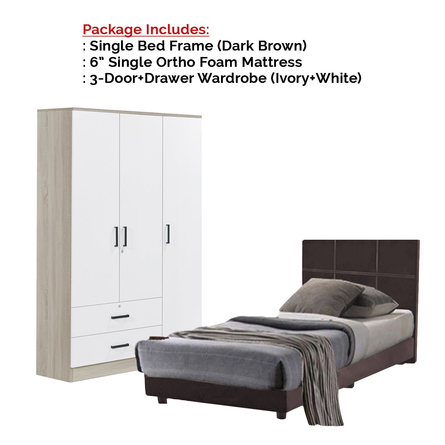 Toluca Bedroom Set Series 2 Includes Wardrobe/Bed Frame/Mattress In Single And Super Single Size.Free Installation