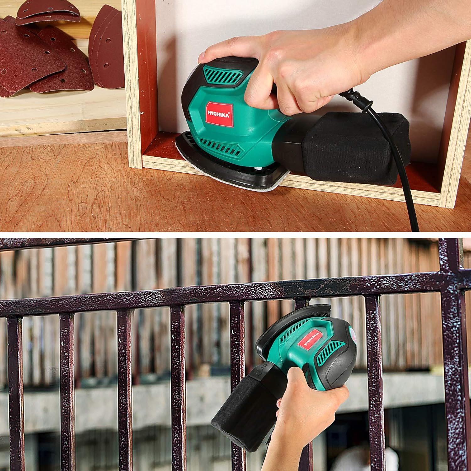 HYCHIKA 200W Electric Sander with Dust Collector, 12PCS Sandpapers, 14000RPM