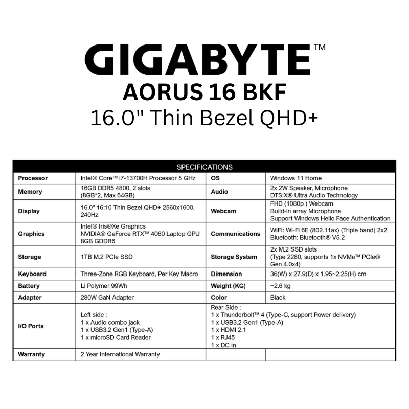 AORUS 16 BKF 16.0 QHD 2560x1600 240Hz/i7-13700H / RTX4060 / 1TB SSD 16GB