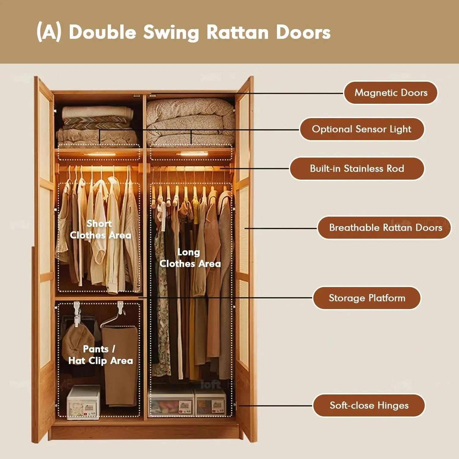 Scandinavian Rattan Cherry Wood Wardrobe BLOSSOM