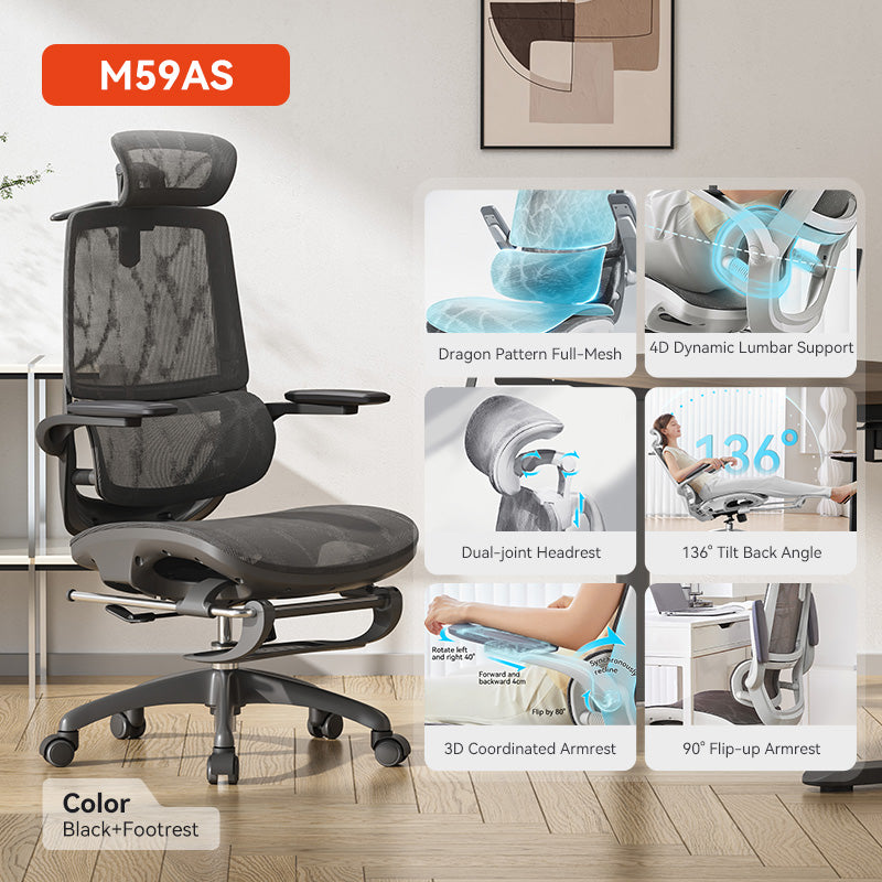 Sihoo M59AS Black Mesh Black Frame Ergonomic Office Chair With Legrest