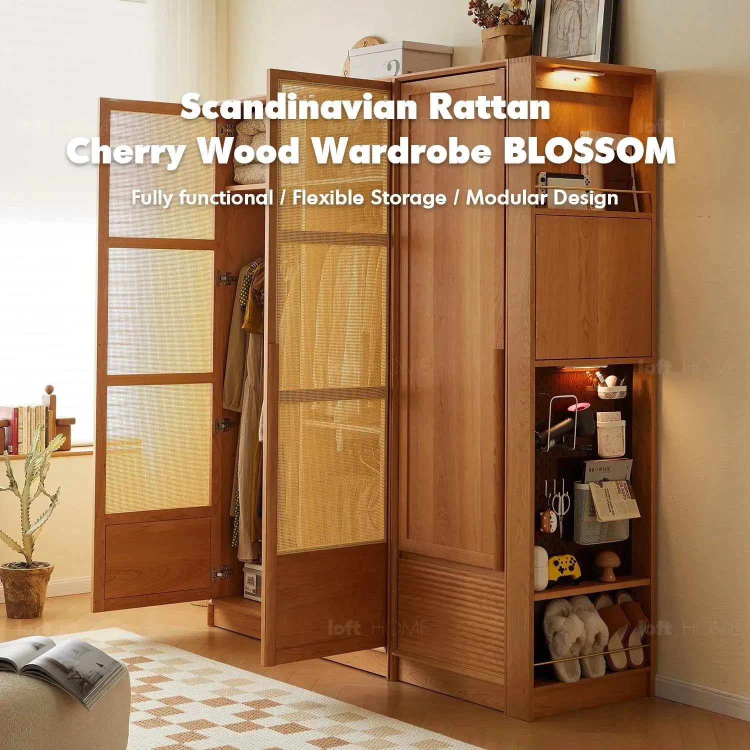 Scandinavian Rattan Cherry Wood Wardrobe BLOSSOM