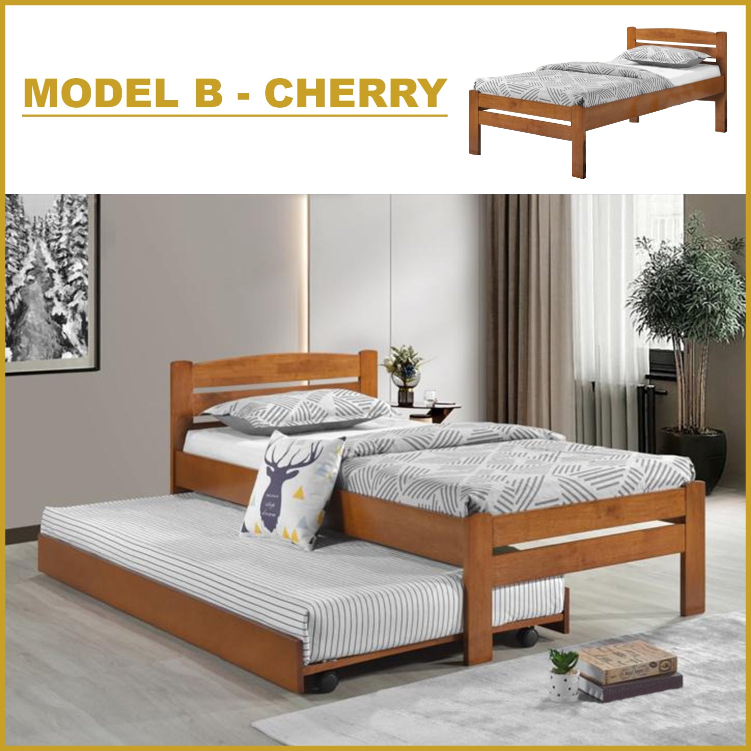 Isla Solid Rubberwood Bed Frame Flat Plywood Base with Pull-out Bed in Single White Color w/ Mattress Option