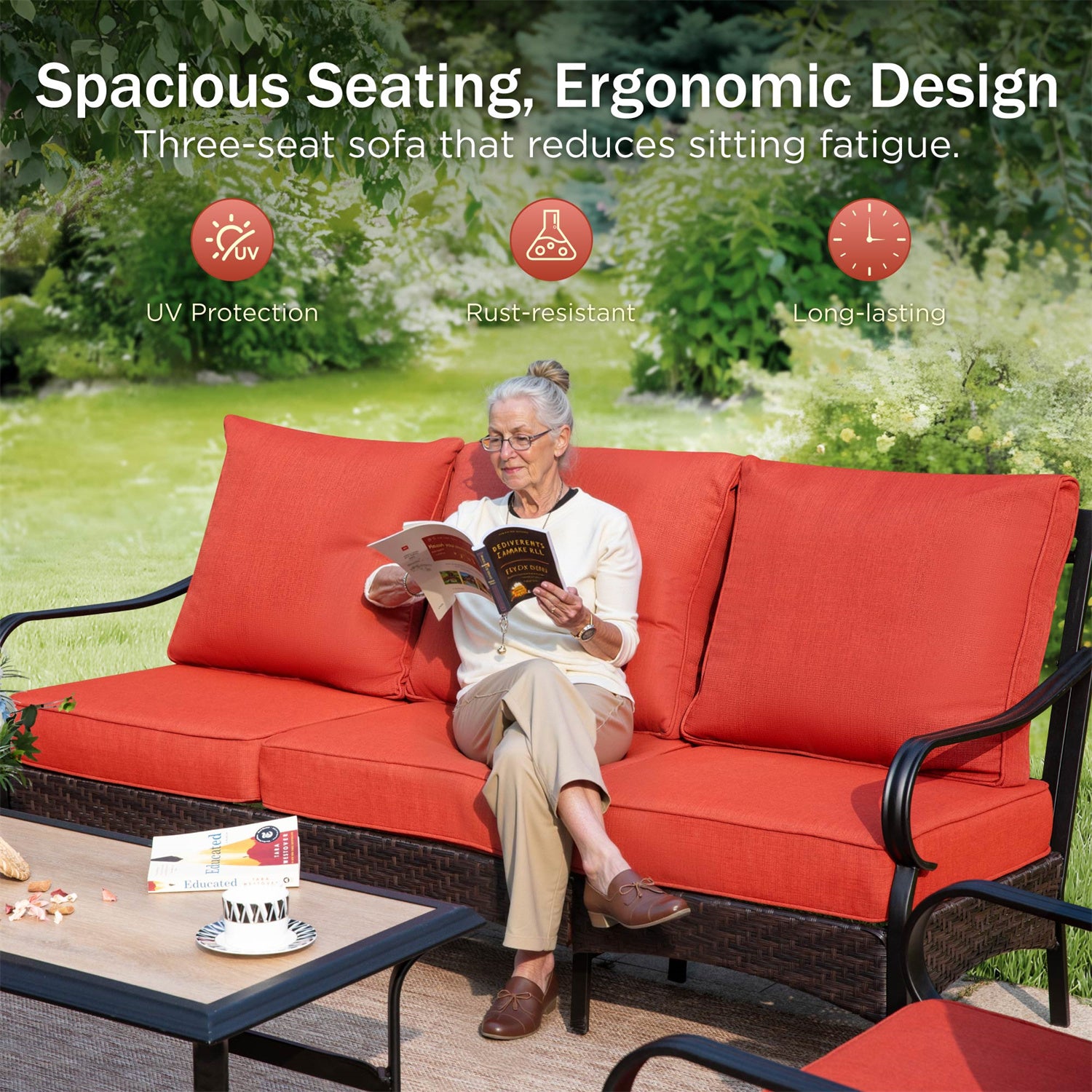[Limited Time Offer] Phi Villa 5-Seater Outdoor Steel & Rattan Sofa Set With Rectangle Fire Pit Table