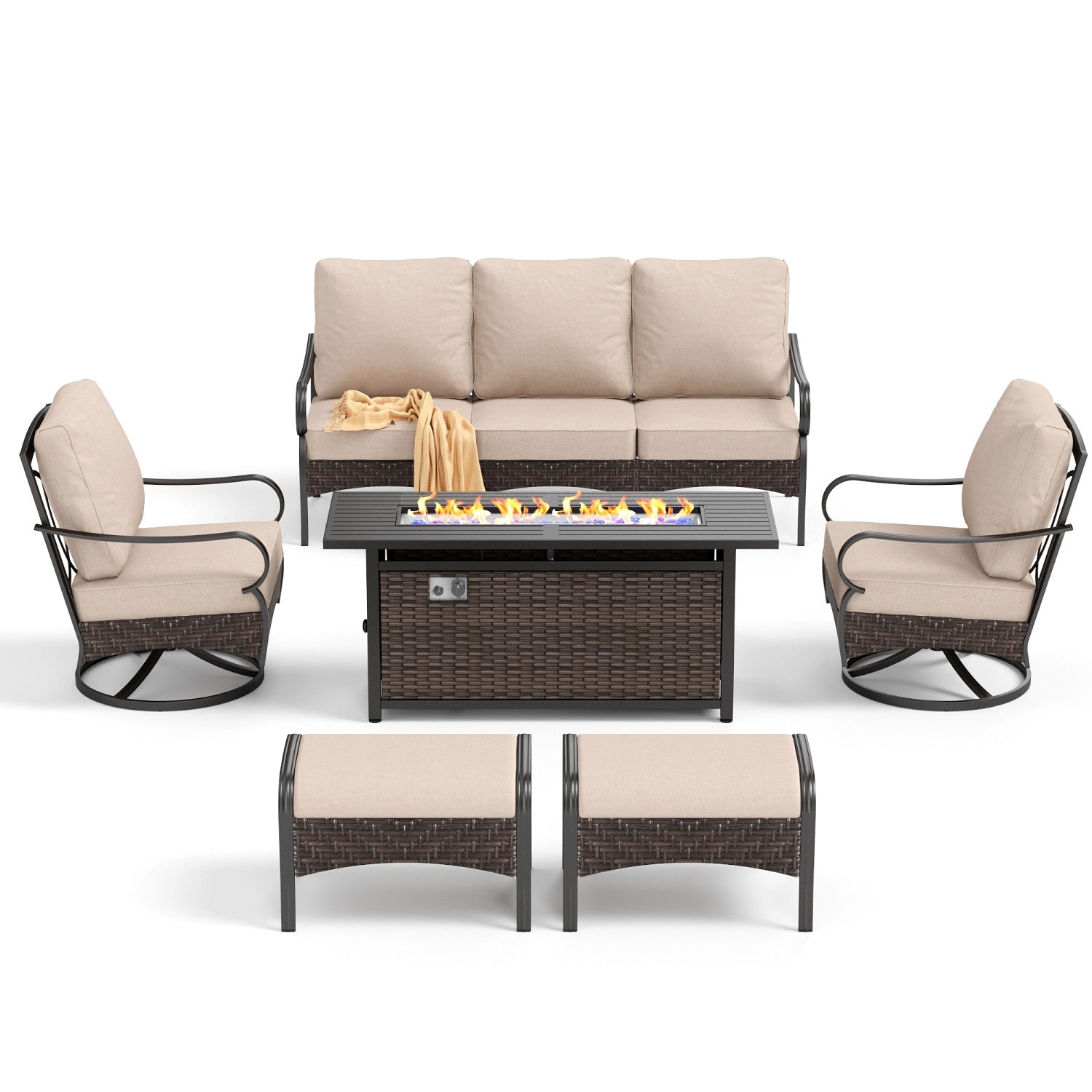 [Limited Time Offer] Phi Villa Outdoor Steel & Rattan Sofa Set With Rectangle Fire Pit Table