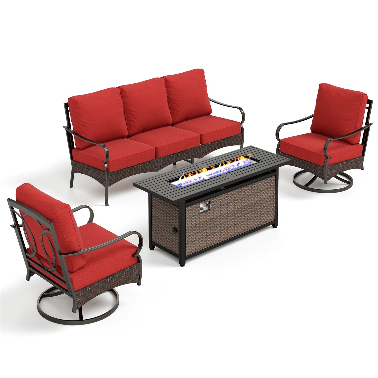 [Limited Time Offer] Phi Villa 5-Seater Outdoor Steel & Rattan Sofa Set With Rectangle Fire Pit Table