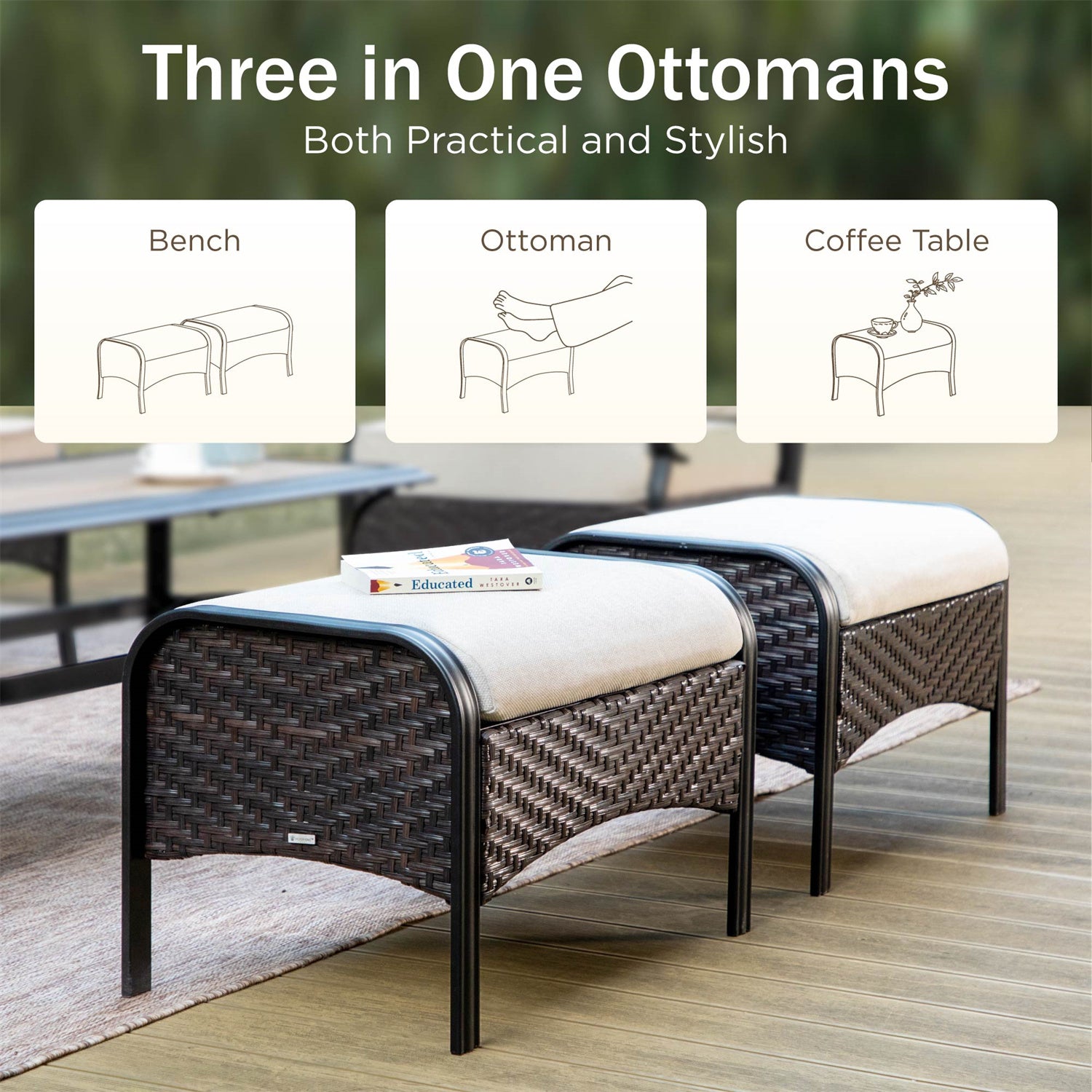 [Limited Time Offer] Phi Villa Outdoor Steel & Rattan Sofa Set With Rectangle Fire Pit Table