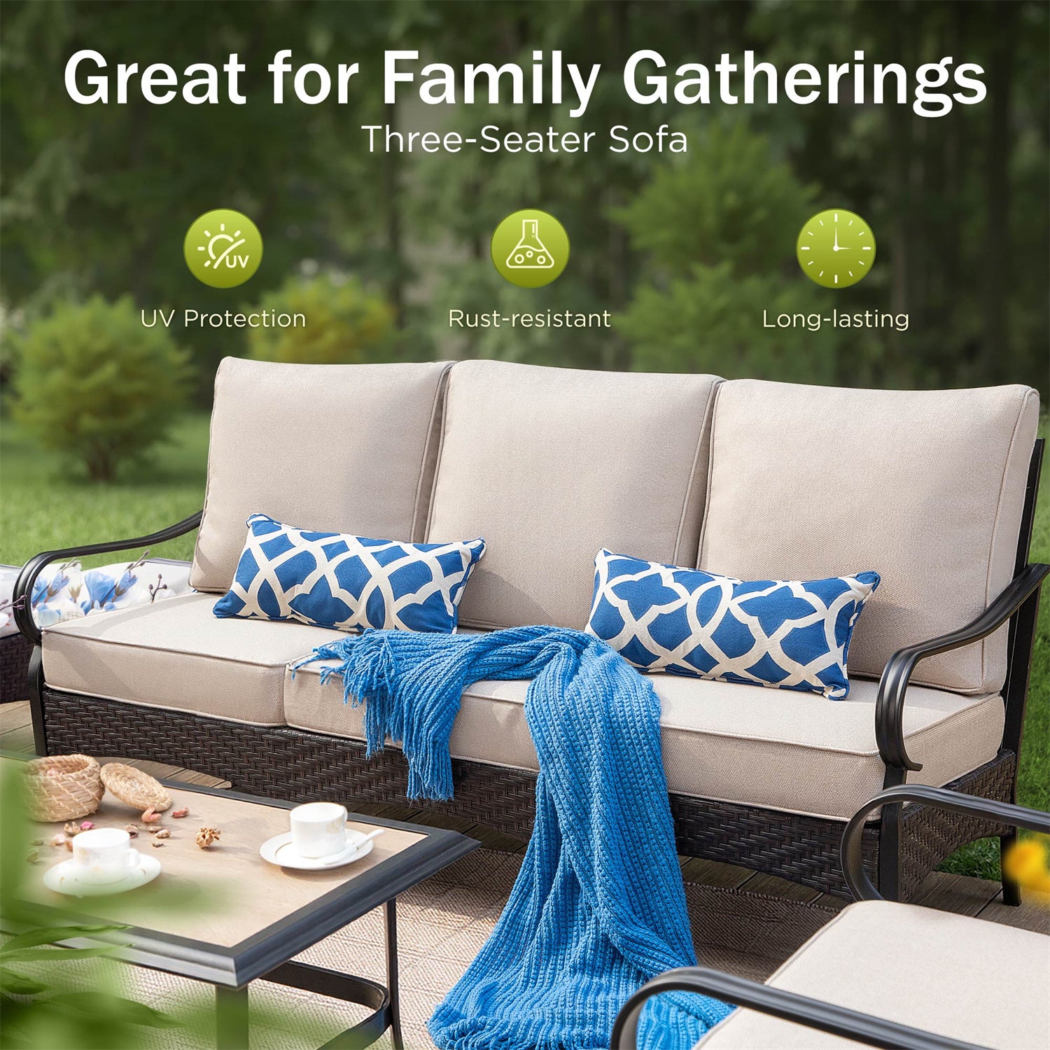 [Limited Time Offer] Phi Villa Outdoor Steel & Rattan Sofa Set With Rectangle Fire Pit Table