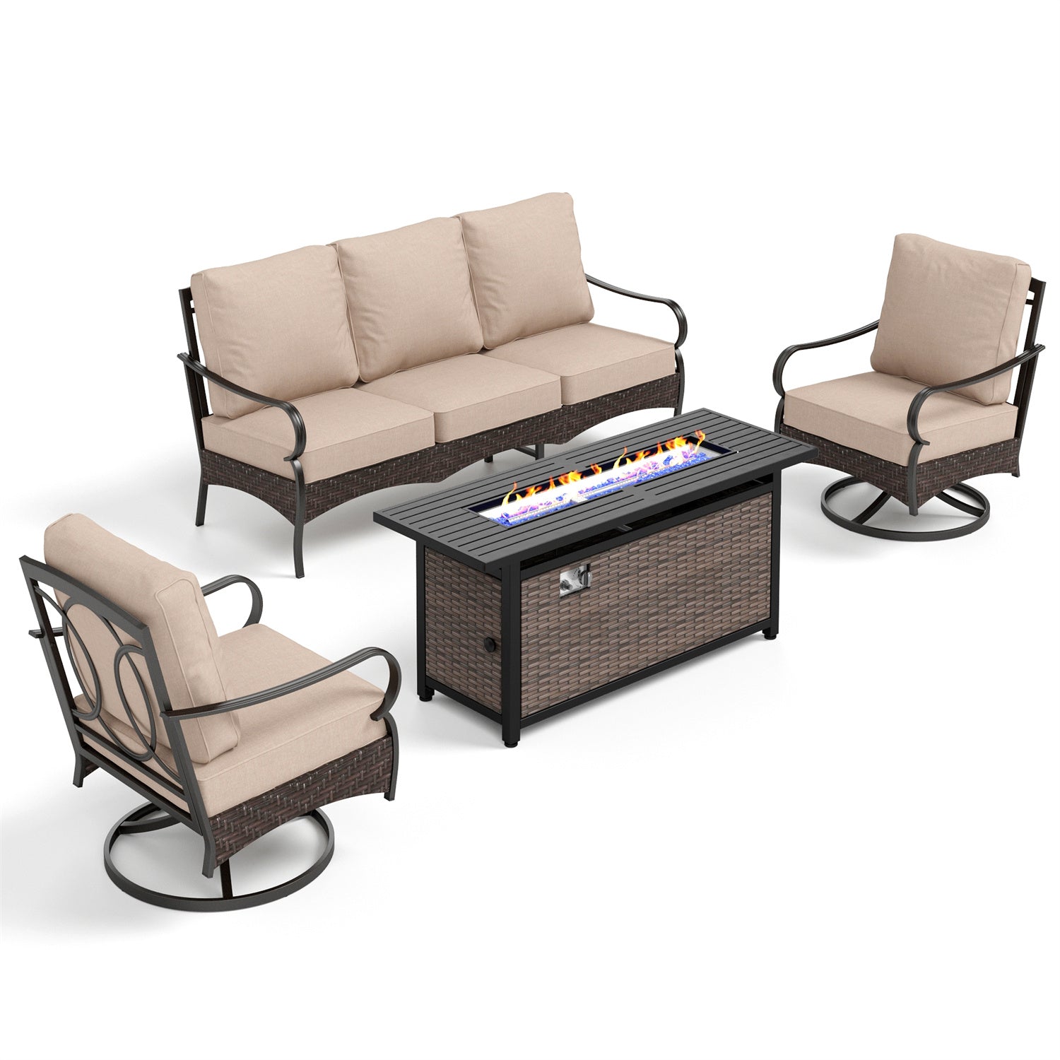 [Limited Time Offer] Phi Villa 5-Seater Outdoor Steel & Rattan Sofa Set With Rectangle Fire Pit Table