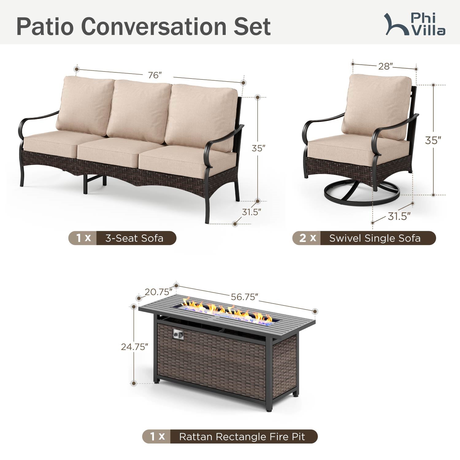 [Limited Time Offer] Phi Villa Outdoor Steel & Rattan Sofa Set With Rectangle Fire Pit Table